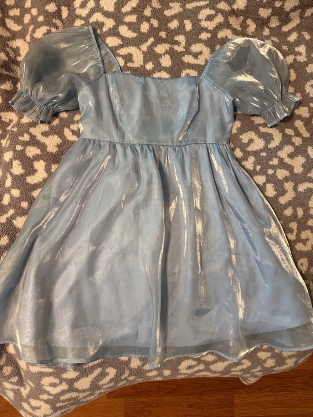 Shimmer Puff-Sleeve Square-Neck Dress in Light Blue